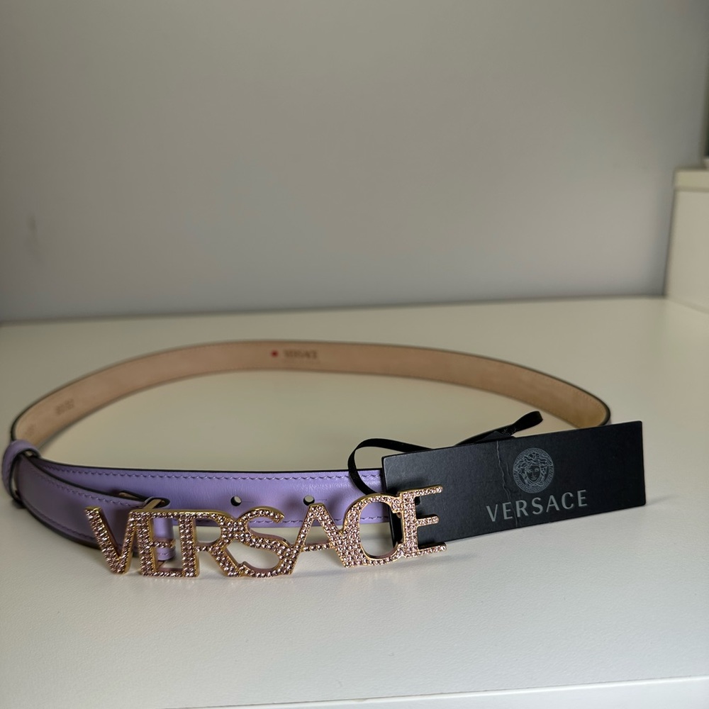 Versace Crystal Pave Logo Leather Belt in Liliac- Embellished Gold Emblem